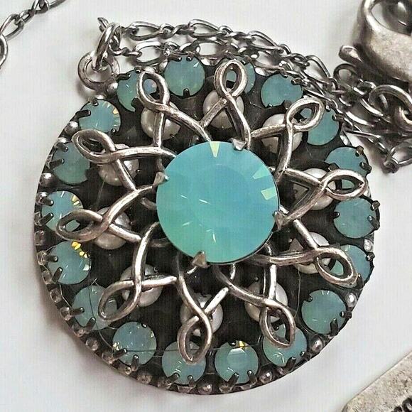 Clara Beau Rhinestone Crystals Silver Chain Medallion Pendant Necklace 15-18" - Picture 1 of 7